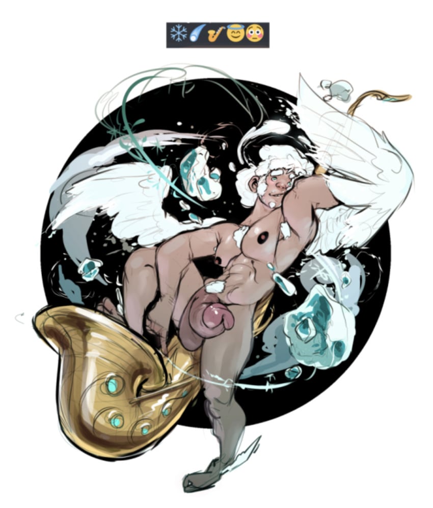 arm_on_leg arm_up armpit_hair bara big_penis body_hair boner erection ice light_skin looking_up male_only nude penis_pointing_toward_viewer saxophone solo solo_male white_hair wings yaoi zenpei zenpei4