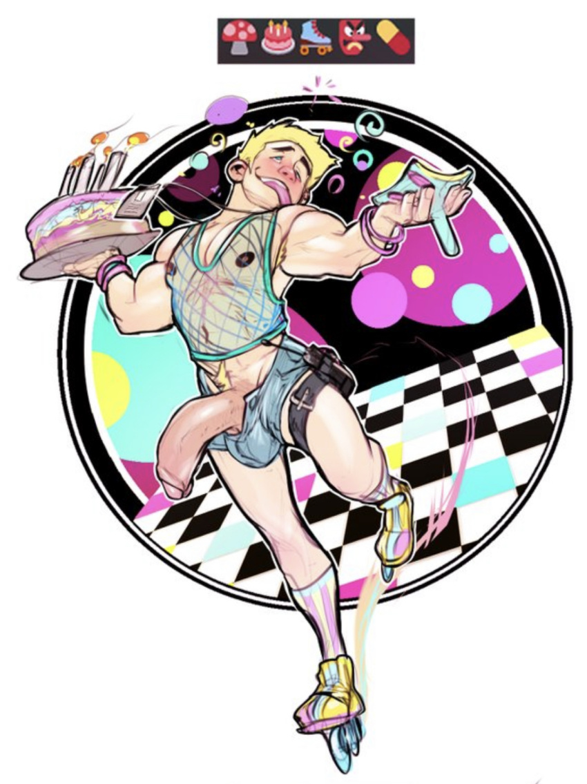 armpit_hair bara big_penis blonde_hair boner cake color colored colorful dick_slip drunk erection male_only mask minishorts partially_clothed roller_skates solo solo_male transparent_clothing yaoi zenpei zenpei4