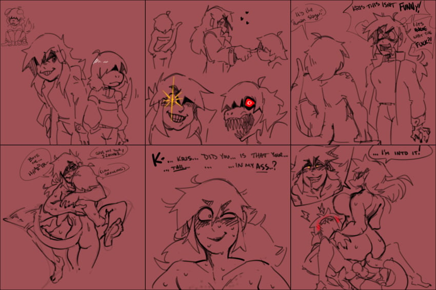 1boy 1boy1girl 1girls ahe_gao anthro_on_human bangs bangs_over_eyes big_ass big_breasts big_butt blush comic cowgirl_position deltarune dialogue dialogue_box dialogue_bubble doodle double_penetration english_dialogue english_text fanart female female_human female_human/male_anthro heart hi_res highres implied_penetration implied_sex jacket kris_(deltarune) lifting_person long_hair long_tail male male/female male_anthro male_anthro/female_human male_on_female marmaladedoodles_(artist) missionary_position multiple_images multiple_positions pleasure_face race_swap red_background scalie scalie_humanoid sharp_teeth smaller_male snout species_swap species_transformation straight susie_(deltarune) sweat sweater sweating tail_in_ass tail_insertion tailjob taller_female taller_girl text text_box text_bubble tomboy undertale_(series) undertale_au wholesome