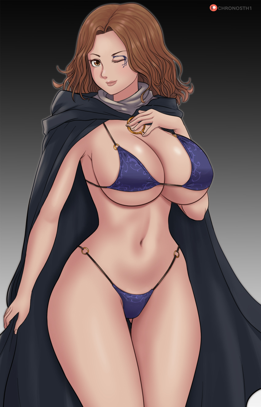 1girls big_breasts bikini breasts brown_eyes brown_hair casual chronosth1 cowboy_shot elden_ring eye_contact female female_focus female_only fromsoftware gummslime huge_breasts human long_hair looking_at_viewer melina_(elden_ring) outerwear smile solo thick_thighs wide_hips wink