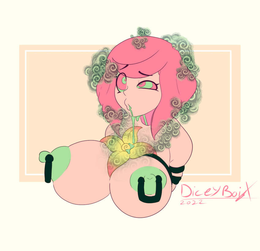 big_breasts bondage collar diceyboi female flower hypnosis hypnotic_eyes large_areolae mind_control nipple_piercing nipples piercing pink_eyes pink_hair rose_(diceyboi) smoke tied_up trance