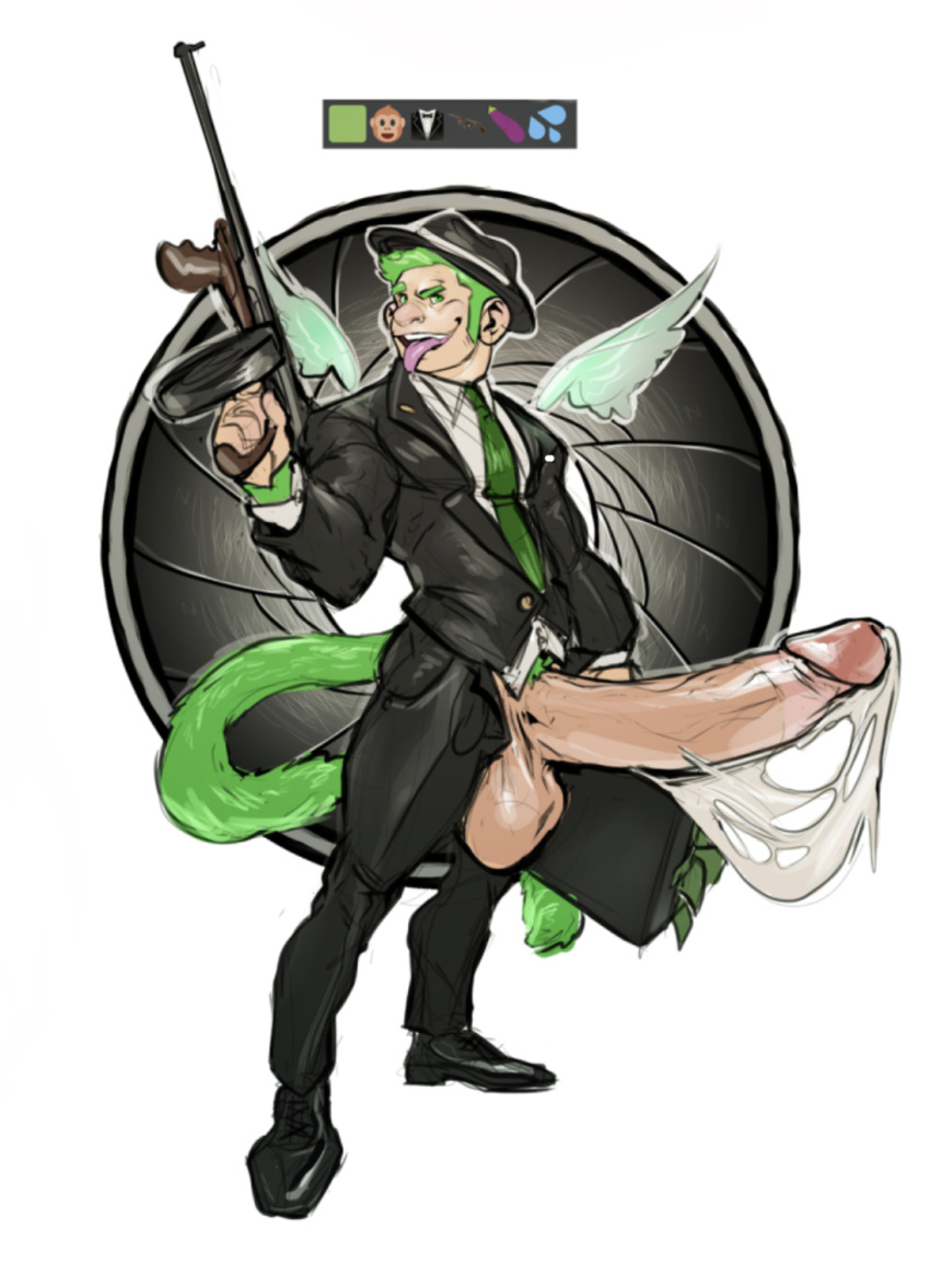 bara big_penis black_suit boner casual clothing cum erection firearm green_eyes green_hair gun headwear huge_cock hyper_penis male male_only pale_skin request rifle solo solo_male submachine_gun suit suitcase weapon wings yaoi zenpei zenpei4