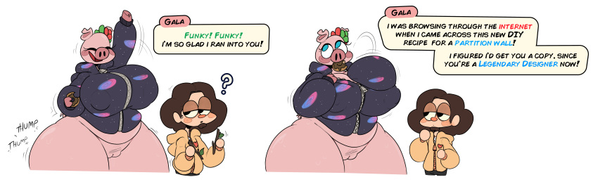 absurd_res animal_crossing anthro ass belly big_belly big_breasts big_butt biped blush bodily_fluids bottomless bottomwear breasts clothed clothing comic dessert dialogue dialogue_box digital_media_(artwork) domestic_pig doughnut duo english_text facial_hair female flower food fully_clothed gala_(animal_crossing) genital_fluids genitals goatee hair hand_between_breasts hi_res holding_object huge_breasts human leo_(leoafterhours) leoafterhours male mammal navel nintendo nude open_mouth overweight overweight_anthro overweight_female pants plant pubes pubes_exposed pussy simple_background smile snout speech_bubble standing stick suid suina sus_(pig) sweat talking_to_another text thick_thighs topwear video_games wide_hips