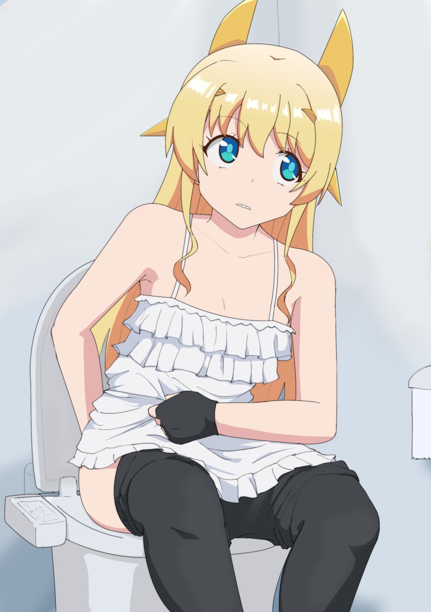 absurdres blonde_hair blue_eyes clothes_pull dress fantasy_bishoujo_juniku_ojisan_to female fingerless_gloves flat_chest gloves gobanme_no_mayoi_neko highres long_hair pants pants_pull sharp_teeth solo spaghetti_strap tachibana_hinata teeth tiara toilet toilet_use