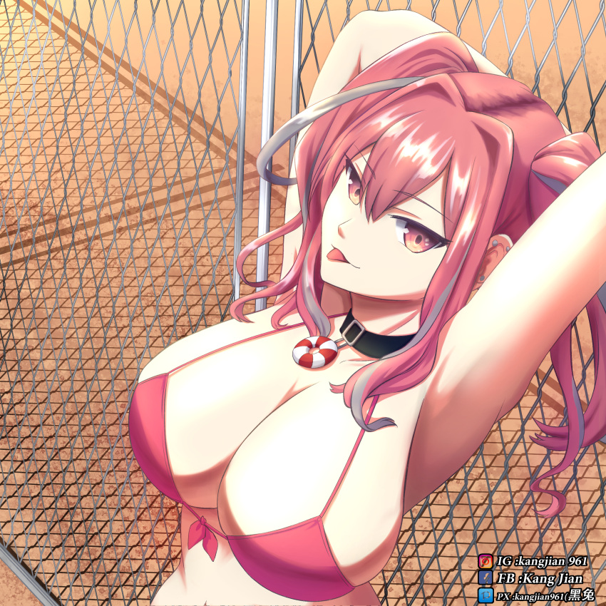 1girls :p absurdres arm_behind_head armpits arms_up azur_lane bangs bikini black_collar breasts bremerton_(azur_lane) chain-link_fence chinese_commentary collar commentary_request eagle_union_(azur_lane) ear_piercing eyebrows_visible_through_hair facebook_logo facebook_username female fence from_above front-tie_bikini front-tie_top grey_hair hair_between_eyes hair_intakes highres instagram_logo instagram_username kang_jian large_breasts lifebuoy_ornament light-skinned_female light_skin long_hair looking_at_viewer midriff mixed-language_commentary multicolored_hair navel no_jacket no_mole piercing pink_bikini pink_eyes pink_hair pixiv_logo pixiv_username shadow sidelocks smile solo standing streaked_hair stretch swimsuit tongue tongue_out twintails two-tone_hair two-tone_shirt upper_body watermark