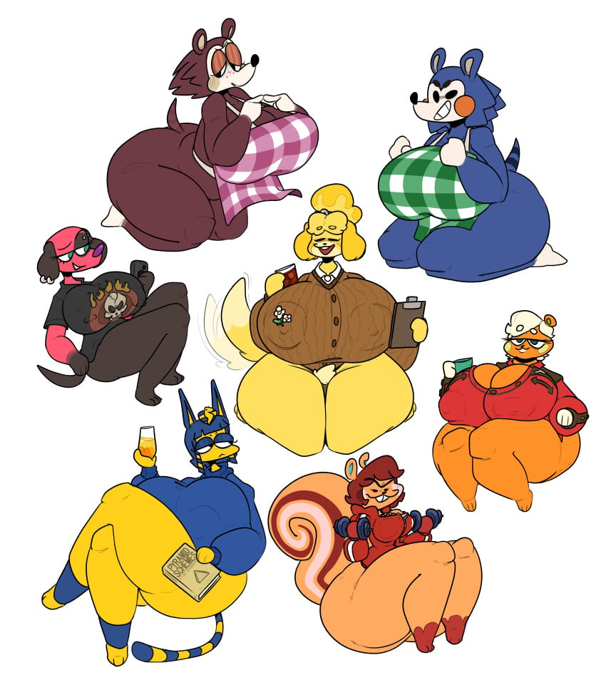 7girls absurd_res alternate_body_type alternate_breast_size animal_crossing ankha ankha_(animal_crossing) anthro apron apron_only ass big_breasts big_butt biped blue_hair blush book bottomless breasts buckteeth canid canine canis cheek_spots cherry_(animal_crossing) clipboard clothed clothing container cricetid cup digital_media_(artwork) domestic_cat domestic_dog domestic_pig ear_piercing egyptian english_text eulipotyphlan eyebrows felid feline felis female female_only freckles fur furry furry_only glass group hair hamster hazel_(animal_crossing) hedgehog hi_res huge_breasts huge_butt isabelle_(animal_crossing) large_ass large_breasts leoafterhours looking_at_viewer mabel_able mammal mostly_nude naked_apron nintendo nipple_bulge nipples_visible_through_clothing open_mouth orange_ass orange_body orange_breasts phone piercing pubes pubes_exposed red_body red_fur rodent sable_able sciurid shih_tzu sibling simple_background sister sisters smile soleil_(animal_crossing) striped_tail suid suina sus_(pig) tail tail_motion tailwag teeth text thick_thighs tight_clothing tight_shirt tight_topwear topwear toy_dog unibrow video_games weights wide_hips yellow_ass yellow_body yellow_cheeks yellow_fur