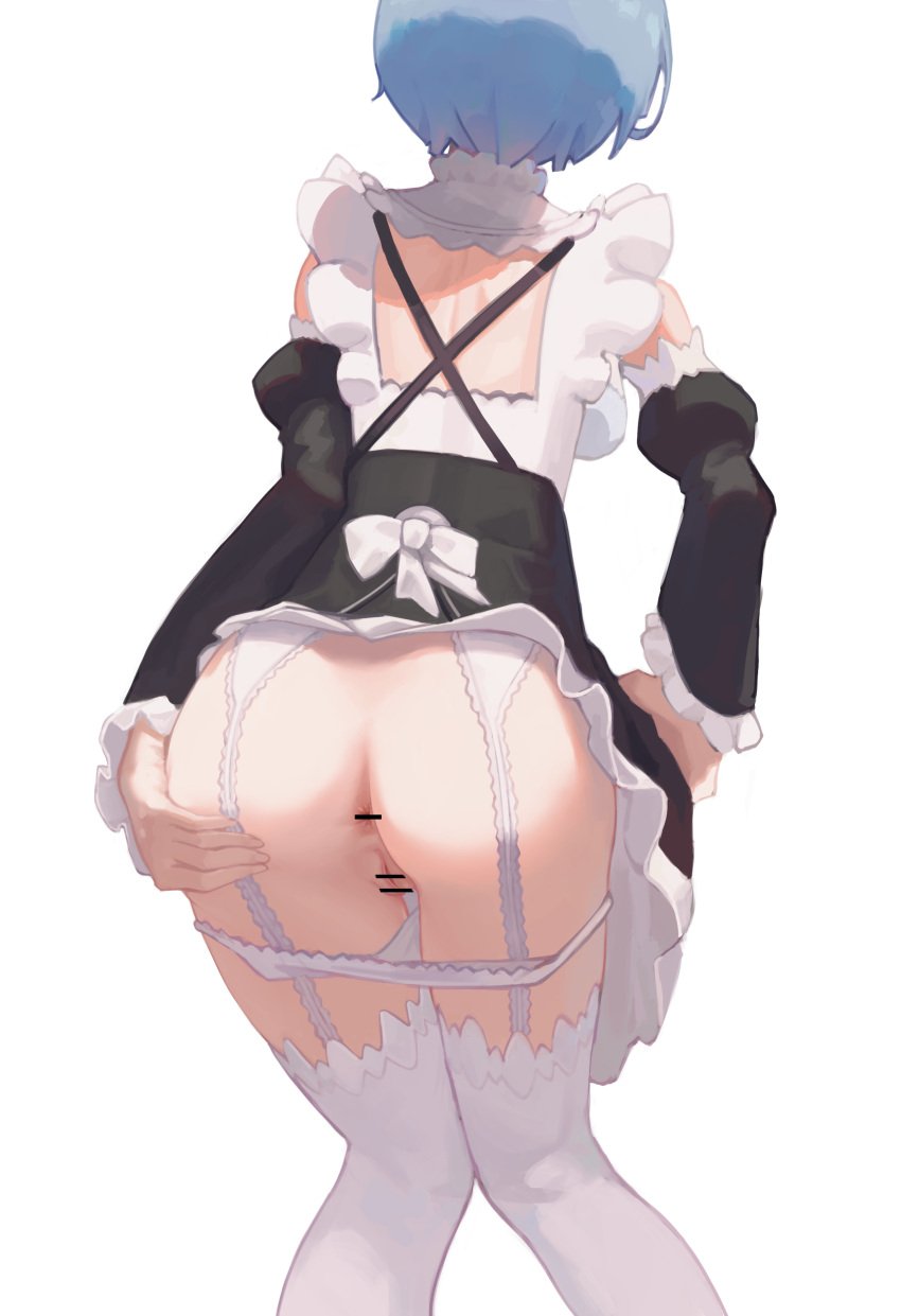 1girls absurdres anus ass back_bow bar_censor black_skirt black_sleeves blue_hair bow censored clothes_lift detached_sleeves female from_behind garter_straps hand_on_own_ass highres leaning_forward long_sleeves miniskirt oni oni_female oni_girl panties panty_pull pussy re:zero_kara_hajimeru_isekai_seikatsu rem_(re:zero) roswaal_mansion_maid_uniform short_hair shoulder_blades simple_background skirt skirt_lift solo solo_female standing teenage_girl teenager thighhighs toxic_(pixiv54732505) toxic_(toxicv) underwear white_background white_bow white_legwear white_panties