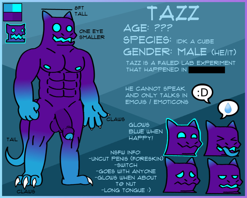 abs anthro balls blue_body blue_eyes blue_tongue claws cube_110_(geometry_dash) emoticon feet foreskin genitals geometry_dash glowing glowing_eyes glowing_mouth glowing_nipples half-erect hi_res huddsies long_tongue male male_only model_sheet muscular muscular_anthro muscular_male nipples nude open_mouth pecs penis purple_body smile solo standing tall tazz_(huddsies) text tongue unknown_species water_drop