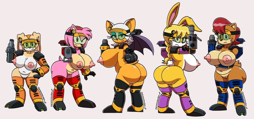 alternate_color amputated_arms amputated_legs amputated_limbs amputation amputee amy_rose anthro archie_comics areola arm_cannon armor armwear bat bat_wings big_breasts black_armwear black_clothing black_legwear breasts brown_eyes bunnie_rabbot bunny bunny_ears butt_from_the_front cap.hornybotellie49 captainhornybotld clothing cosplay cream_the_rabbit e-102_gamma e-104_epsilon eyelashes female fur genitals green-tinted_eyewear gun hand_on_hip hedgehog hi_res ineffective_clothing lagomorph legwear leporid looking_at_viewer mammal mobian_(species) mostly_nude multiple_girls navel nipples orange_armwear orange_clothing orange_legwear pink_areola pink_nipples prosthetic prosthetic_arms prosthetic_legs prosthetic_limbs prosthetics pussy rabbit ranged_weapon rouge_the_bat sally_acorn sega shoulder_pads simple_background slightly_chubby sonic_(series) sonic_satam sonic_the_hedgehog_(archie) sonic_the_hedgehog_(comics) sonic_the_hedgehog_(series) tan_body tan_fur thick_thighs tinted_eyewear unconvincing_armor visor weapon white_background white_body white_fur wide_hips yellow_armwear yellow_clothing yellow_legwear