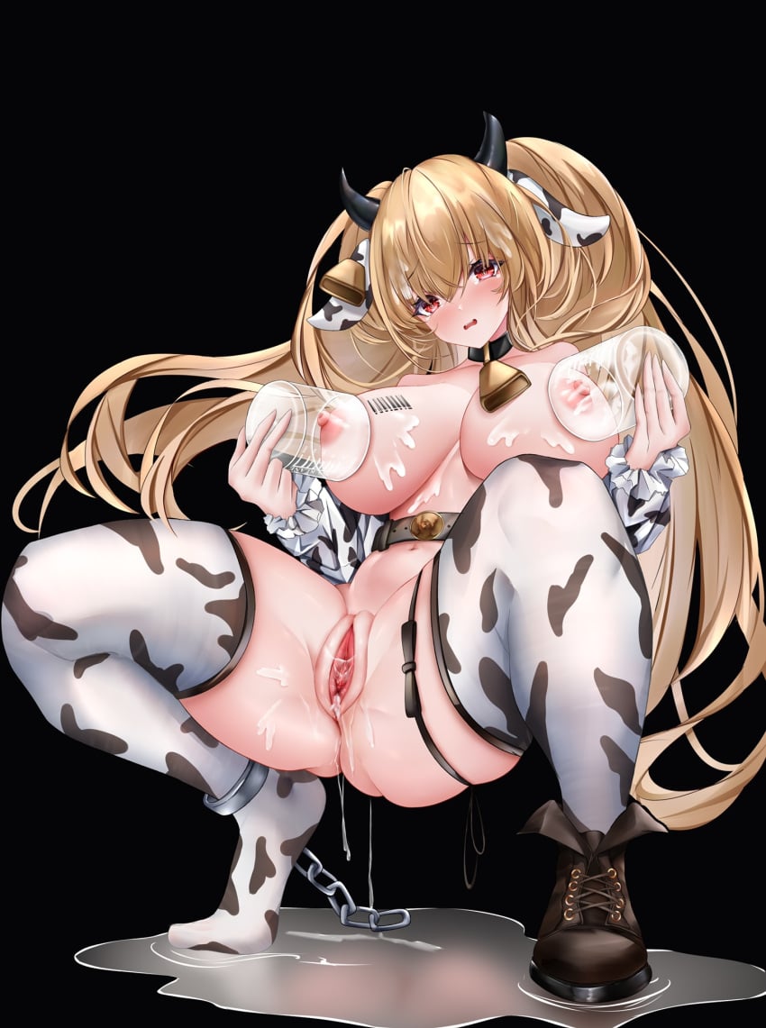 animal_ears animal_print azur_lane barcode barcode_tattoo bell black_background black_footwear blonde_hair blush boots breasts cow_ears cow_horns cow_print cow_print_thighhighs cowbell detached_sleeves fake_horns female highres horns hucow huge_breasts iue_(artist) kersaint_(a_saint's_mercy_can_do_no_wrong)_(azur_lane) kersaint_(azur_lane) lactation looking_at_viewer nipples official_alternate_costume print_thighhighs pussy red_eyes simple_background single_boot solo spread_pussy tattoo thighhighs topless uncensored