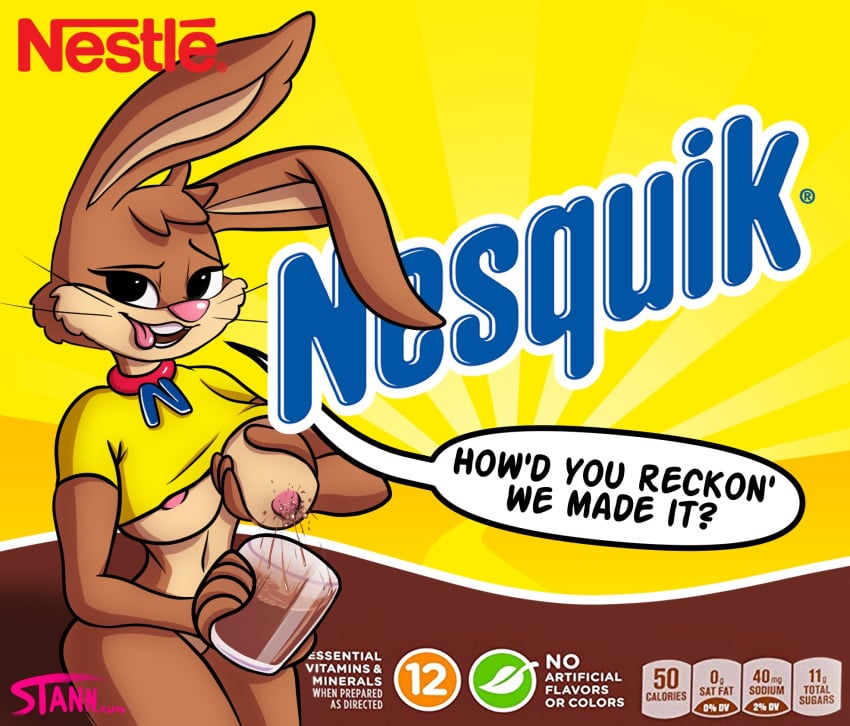 brown_fur bunny chocolate_milk collar female genderswap_(mtf) glass lactation nesquik nesquik_bunny nestle rabbit rule_63 shirt stann_co text yellow_shirt