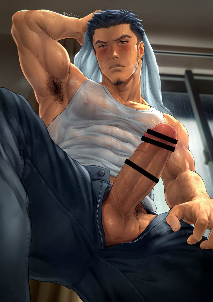 1boy abs arm_hair armpit_hair armpits arms_up balls bara beard_stubble beefy biceps big_balls big_breasts big_penis black_hair black_underwear blush censor_bar censored censored_penis chest_hair daddy dilf earrings erect_nipples erection gay hands_behind_head hi_res huge_cock indoors jeans leg_hair long_penis looking_at_viewer looking_down male male_only mature_male middle_aged mondi_xxx muscles muscular muscular_arms muscular_male original original_character pecs penis_out pubic_hair raining range_(mondi_xxx) short_hair sideburns six_pack spread_legs steam steaming_body steamy_breath tank_top thick_arms thick_eyebrows thick_neck thick_penis towel towel_on_head transparent_clothing underwear_aside unzipped unzipped_pants veiny_arms veiny_muscles veiny_penis very_high_resolution wet wet_body wet_clothes window wiping