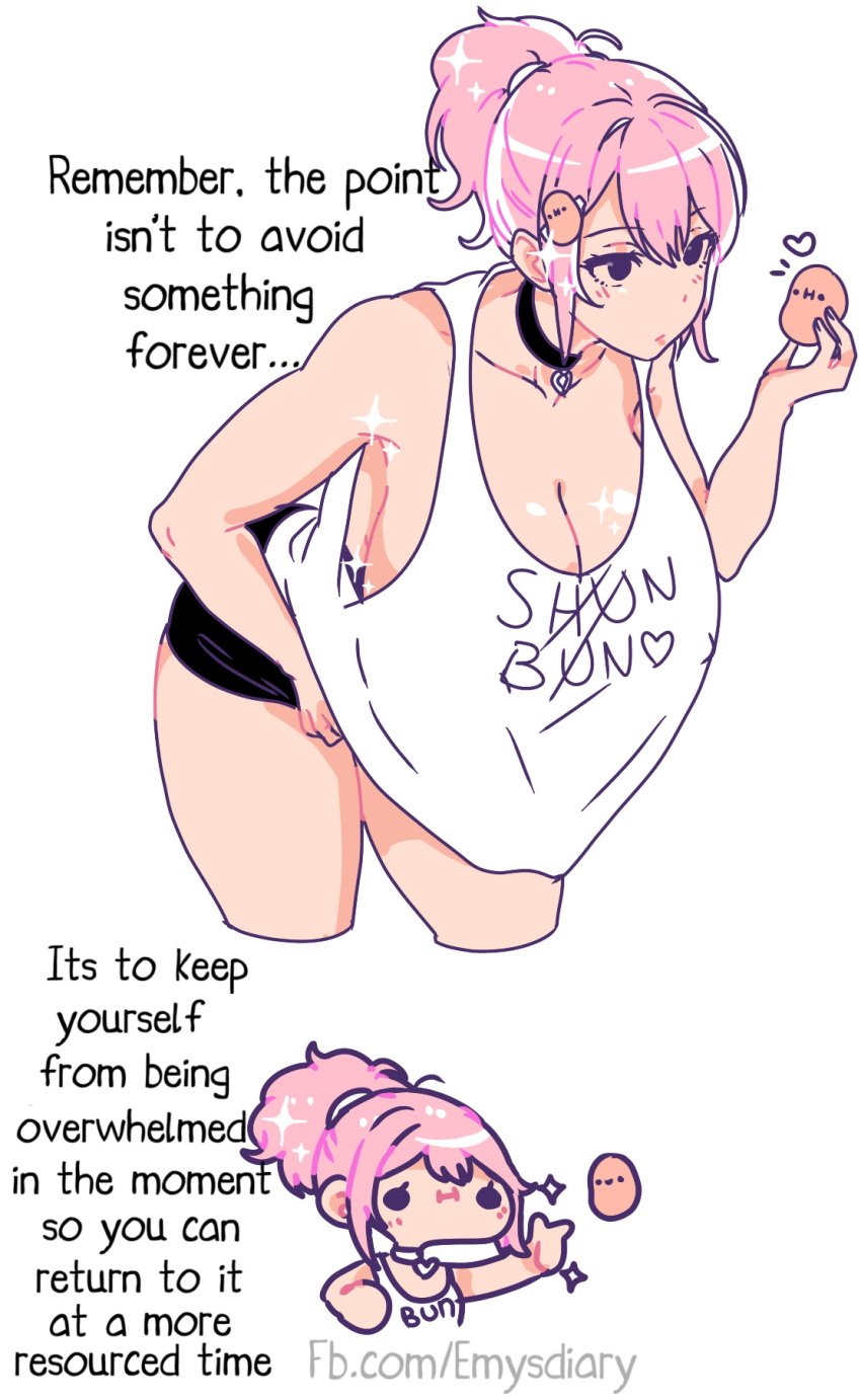 2020s 2024 bending_forward big_breasts black_eyes chibi choker cleavage collarbone english_text hair_up heart light-skinned_female motivational nipple_bulge pink_hair potato shorts solo sparkles sparkly_hair super_deformed sweet_potato_(theshunbun) tank_top text_on_clothing theshunbun thick_thighs white_background