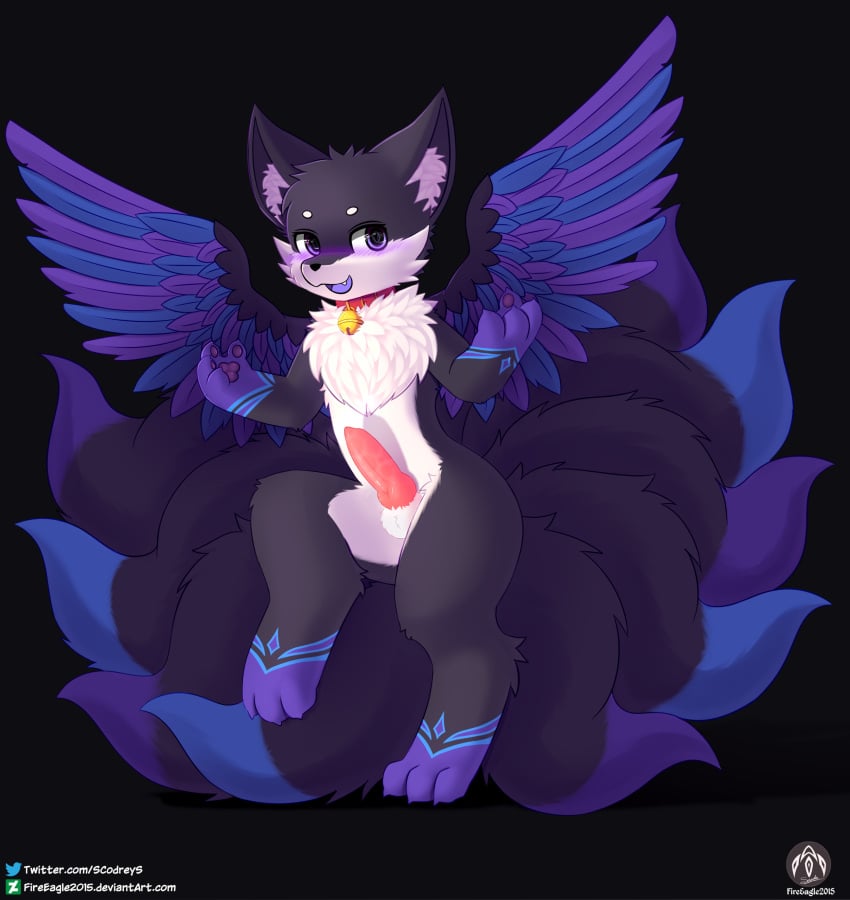 absurd_res anthro balls bell bell_collar blush canid canine claws collar fangs fox fox_spirit fur fur_markings genitals hi_res knot male mammal markings multi_tail one_leg_up open_mouth paws penis raised_leg senz simple_background solo standing tail teeth wings