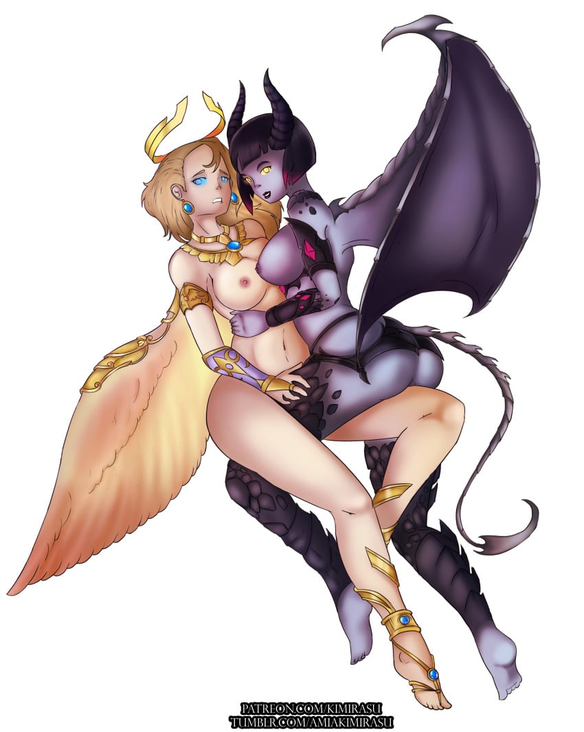 2girls alternate_costume big_breasts black_hair blonde_hair fallen_angel_nike female goddess hel_(smite) hi-rez_studios kimirasu mythology nude smite