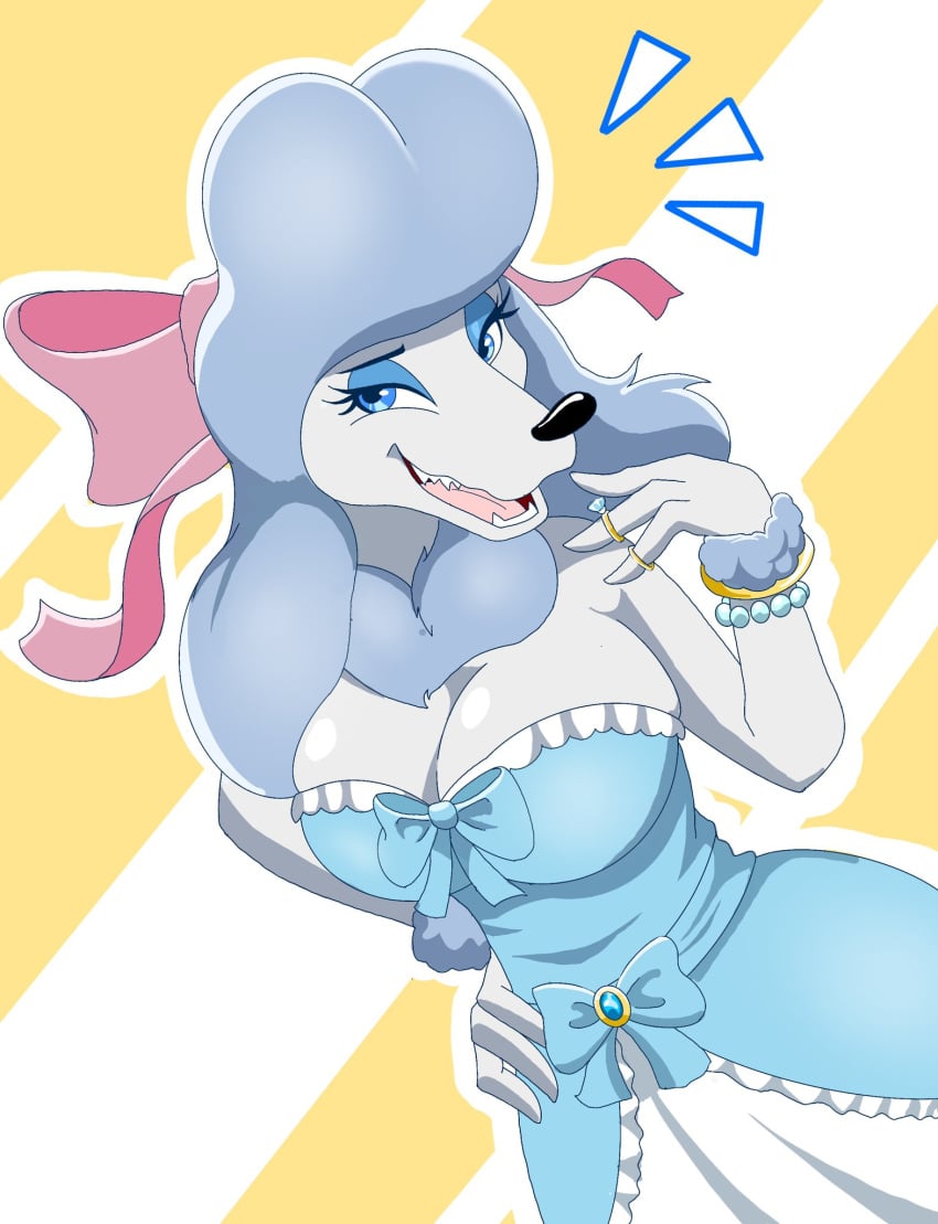 1girl 1girls 2023 2023s 2d 2d_(artwork) 2d_artwork anthro blue_eyes blue_fur blue_hair bracelet breasts bustier canid canine canis cleavage clothing diagonal_angle digital_drawing_(artwork) digital_media_(artwork) disney domestic_dog eyelashes eyeliner eyeshadow female female_focus female_only fingers fur furry furry_female georgette georgette_(disney) georgette_(oliver_and_company) gold_collar hair hair_accessory hi_res jewelry jpeg looking_at_viewer makeup mammal oliver_and_company open_mouth open_smile pink_ribbon pompadour poodle poofy_hair princess_dress ribbon ribbons ring ring_(jewelry) smile solo solo_female solo_focus white_body zebra10045