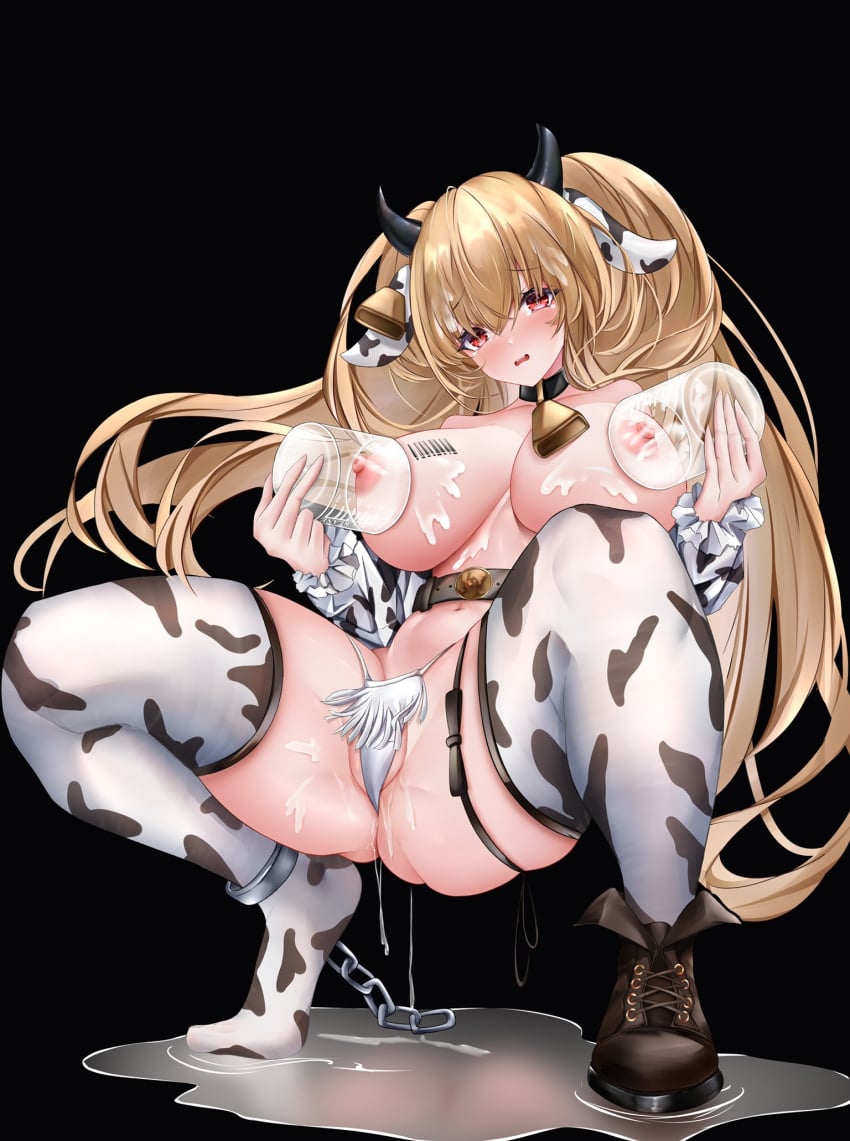 animal_ears animal_print azur_lane barcode barcode_tattoo bell black_background black_footwear blonde_hair blush boots breasts cow_ears cow_horns cow_print cow_print_thighhighs cowbell detached_sleeves fake_horns female highres horns huge_breasts iue_(artist) kersaint_(a_saint's_mercy_can_do_no_wrong)_(azur_lane) kersaint_(azur_lane) lactation looking_at_viewer nipples official_alternate_costume panties print_thighhighs red_eyes simple_background single_boot solo tattoo thighhighs topless underwear white_panties