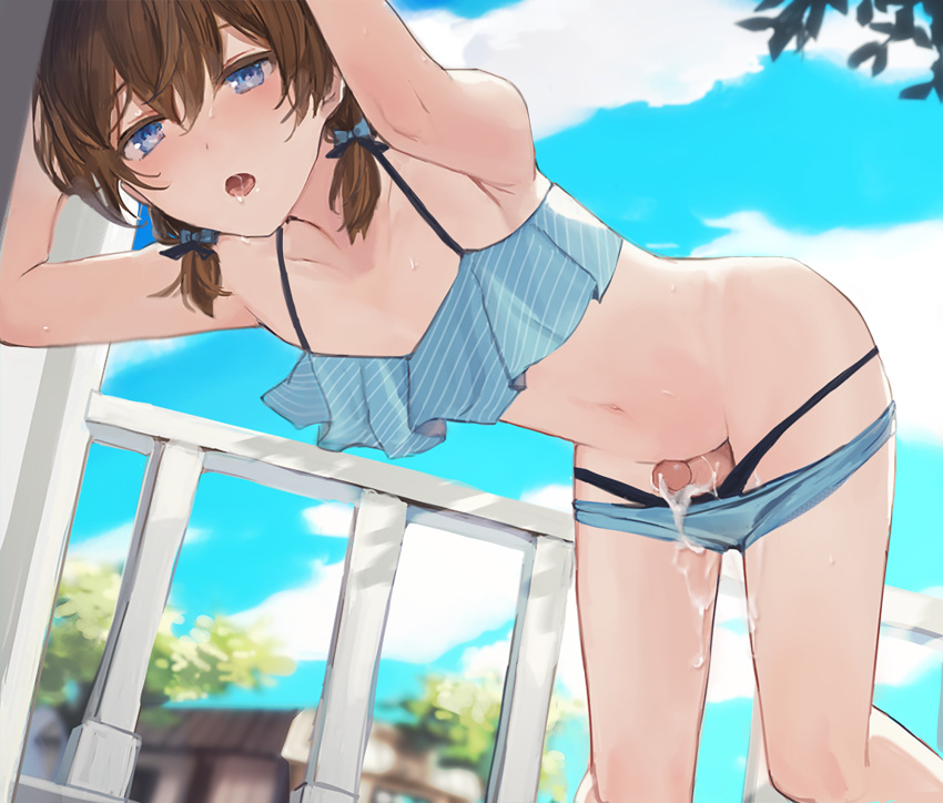 1boy bikini blue_eyes brown_hair clouds cum femboy leaning_forward male male_only navel original panty_pull penis short_hair sky solo sunaba_(nczd5875) swimsuit trap twintails uncensored