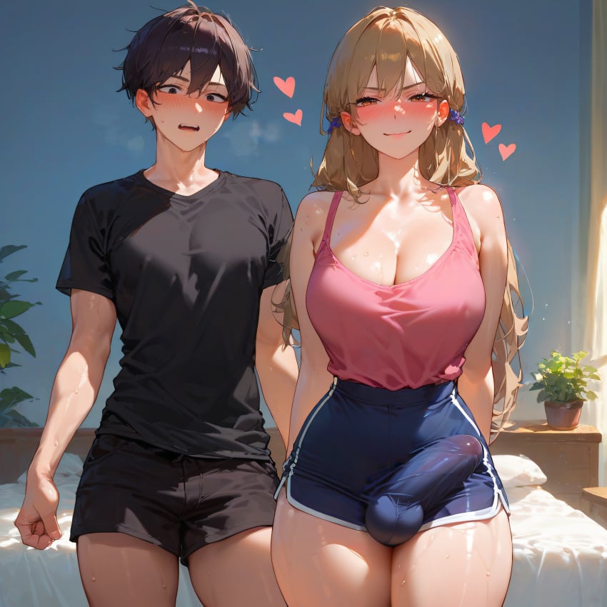 1boy 1futa absurd_res ai_generated amiiari big_breasts blush blushing_profusely bulge detailed dickgirl embarrassed erection_under_clothes futa_is_bigger futa_only futanari gym_shorts hiding_erection highres penis penis_awe shorts surprised surprised_expression thick_thighs