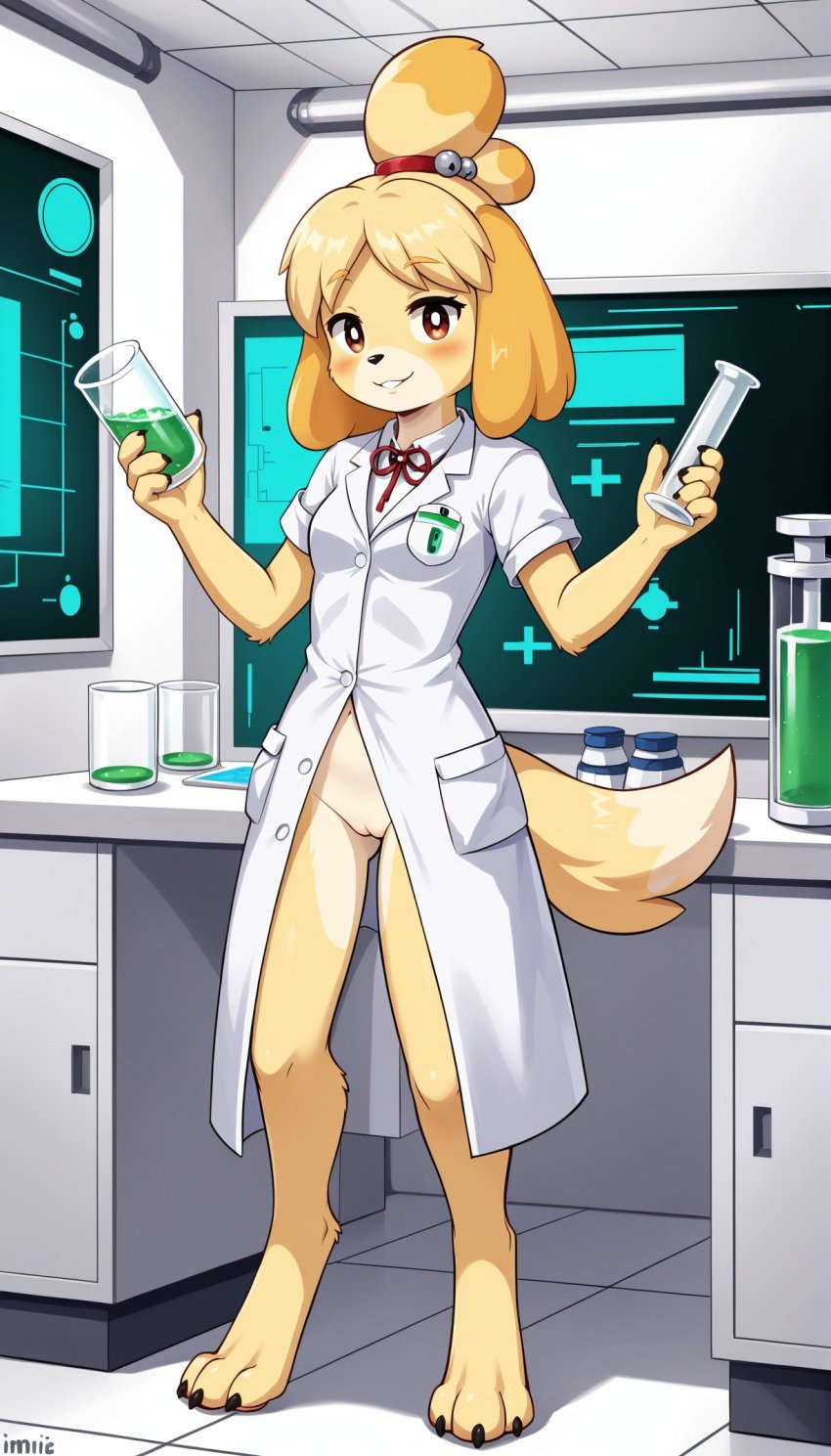 1girls 2024 ai_generated animal_crossing anthro blushing bottomless bottomless_female brown_eyes canine digitigrade hi_res holding_object indoors innie_pussy isabelle_(animal_crossing) labcoat looking_at_viewer nintendo pussy scientist smile teeth_showing yellow_fur