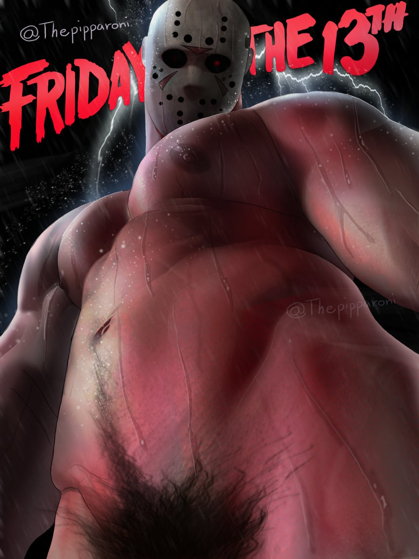 bara big_breasts detailed friday_the_13th jason_voorhees male_only nude pubic_hair raining solo solo_male