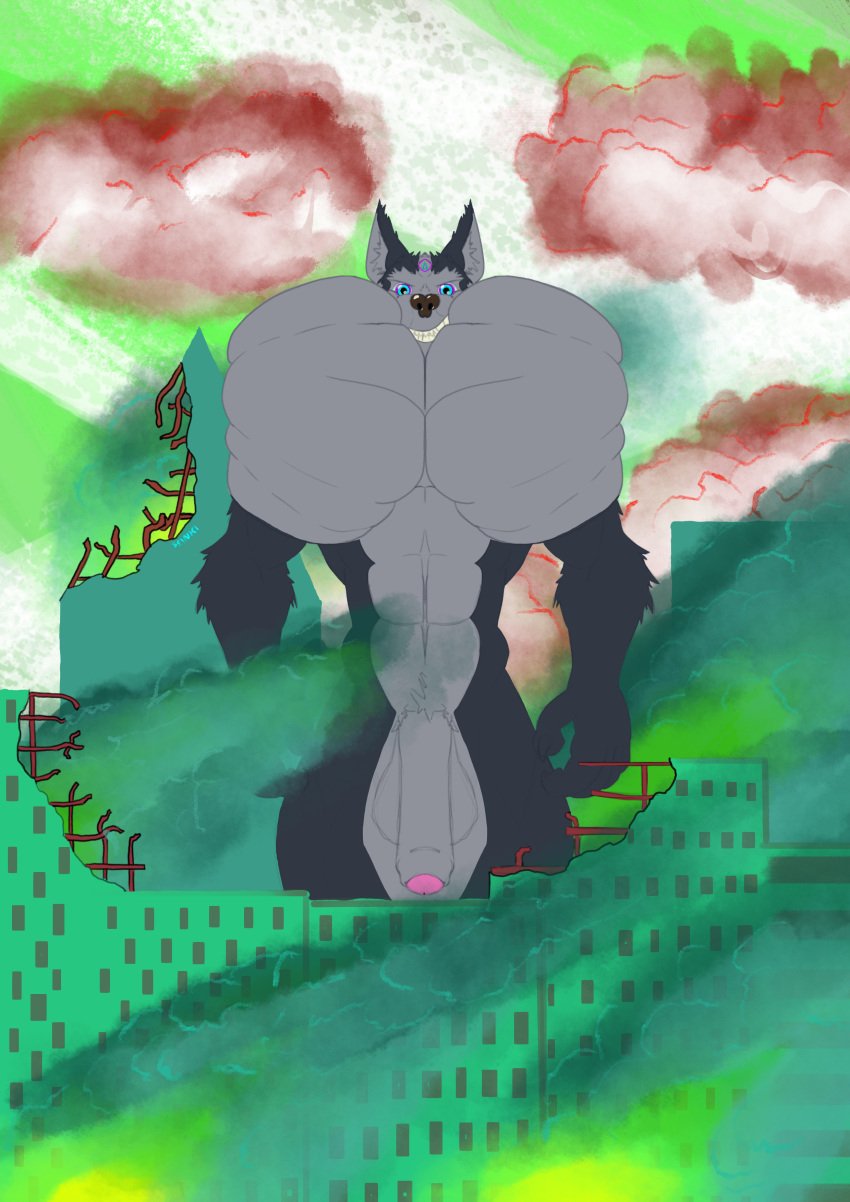 abs absurd_res anthro big_muscles big_pecs canid canine canis cloud destroyed_building destruction flaccid flexing_pecs genitals grin hi_res huge_muscles huge_pecs hyper hyper_muscles hyper_pecs macro male mammal muscular muscular_anthro muscular_male nude_male pecs penis seinki smile smoke solo wolf