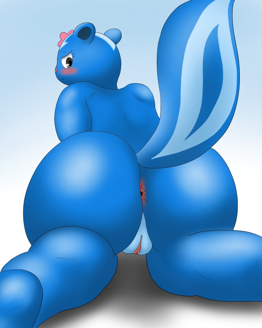 absurd_res anthro anus ass big_butt black_eyes blue_body blue_fur blue_tail blush closed_frown curvy_figure drain_scat eyelashes female flower flower_accessory frown fur genitals happy_tree_friends hi_res humanoid_genitalia humanoid_pussy kneeling looking_back mammal mephitid mondo_media mouth_closed nude petunia_(htf) plant pussy skunk solo tail thick_thighs wide_hips