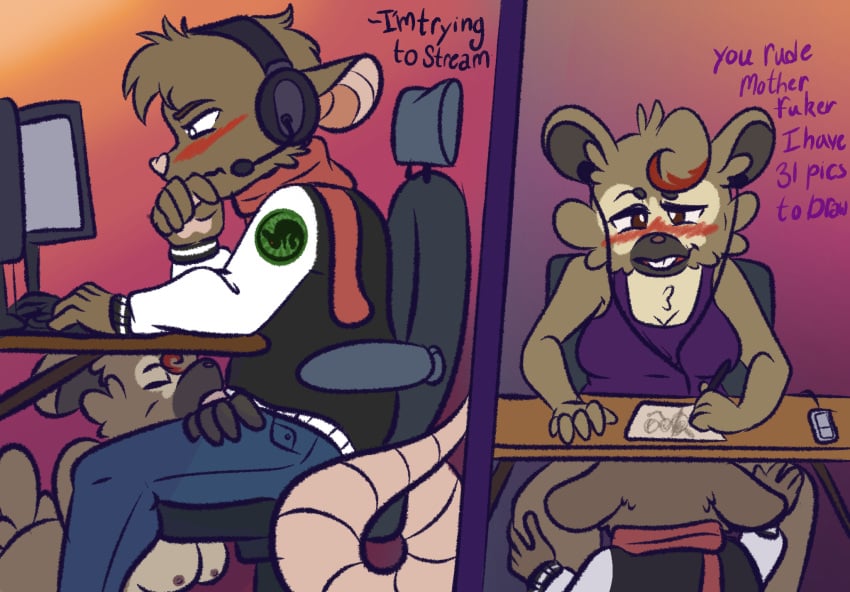 anthro badbitch_bidoof bidoof blush cunnilingus distracted distraction drawing duo fellatio female generation_4_pokemon hi_res male male/female nintendo oral penile pokemon pokemon_(species) prehensile_tailed_rat sex shep_(badbitch_bidoof) streaming taylor_the_rat under_the_table vaginal_penetration