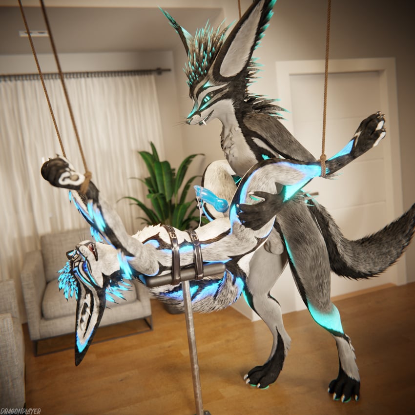 1:1 3d_(artwork) 4k absurd_res anal anal_sex animal_genitalia animal_penis anthro anthro_on_anthro anthro_penetrated anthro_penetrating anthro_penetrating_anthro arms_tied balls biped black_body black_fur blender_(artwork) blender_cycles blue_body blue_fur blue_penis bodily_fluids bondage bondage bound canid canine canine_genitalia canine_penis canis claws clothing cum cum_drip cum_dripping_from_penis cum_on_belly cum_on_body cum_on_knot cum_on_penis depth_of_field digital_media_(artwork) dominant dragonplayer dragonplayer_(character) dripping duo erection forced fox fur furniture genital_fluids genitals green_body green_fur grey_body grey_fur hair hand_on_leg hand_on_thigh hi_res hindpaw hybrid inside jex jexouium king_roi knot legs_tied looking_down lying male male/male male_penetrated male_penetrating male_penetrating_male mammal moan multicolored_body on_back open_mouth orgasm paws penetration penile penile_penetration penis penis_in_ass reflection restraints rexouium rope rope_around_ankle rope_around_wrist rope_bondage sex slim slim_anthro slim_male slim_sub smile standing standing_sex stocks submissive submissive_male tail teeth toe_claws white_body white_fur