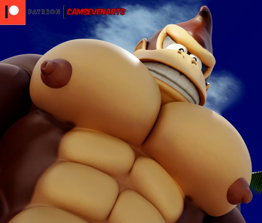 1boy abs artist_name artist_signature brown_body brown_fur camseven donkey_kong donkey_kong_(series) fur furry_only gay male male_only massive_pecs pec_pov_meme pecs sky sky_background smile