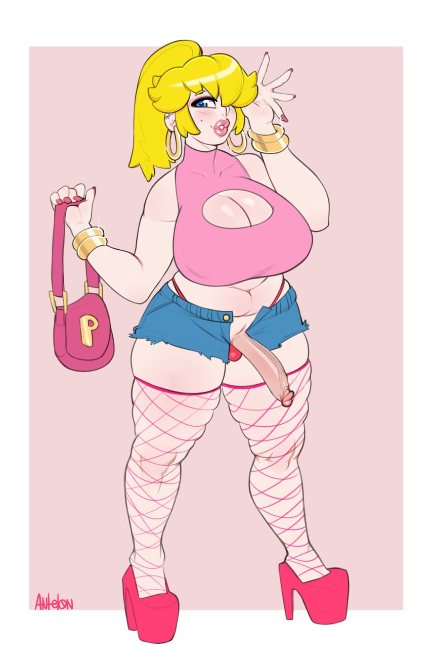 1futa 5_fingers alternate_breast_size antelon big_breasts big_penis bimbo blonde_hair blue_eyes blue_shorts blush boob_window bracelet breasts cleavage cleavage_cutout clothed clothes clothing cutout dick dickgirl earrings erection exposed_penis eyebrows fingers footwear front_view full_body futa_only futanari genitals gold_bracelet hair_over_one_eye heart-shaped_pupils heels high_heels highres hips holding_object hoop_earrings huge_breasts human legwear light-skinned_futanari light_skin lips lipstick looking_at_viewer mammal mario_(series) midriff nail_polish navel nintendo parted_lips penis penis_out pink_background pink_heels pink_high_heels pink_lipstick pink_nail_polish pink_nails platform_heels plump_lips ponytail princess_peach prostitution purse red_thong short_shorts shorts signature simple_background solo solo_futa standing stockings thick_thighs thighhighs thighs thong topwear unbuttoned veiny_penis waving white_border wide_hips