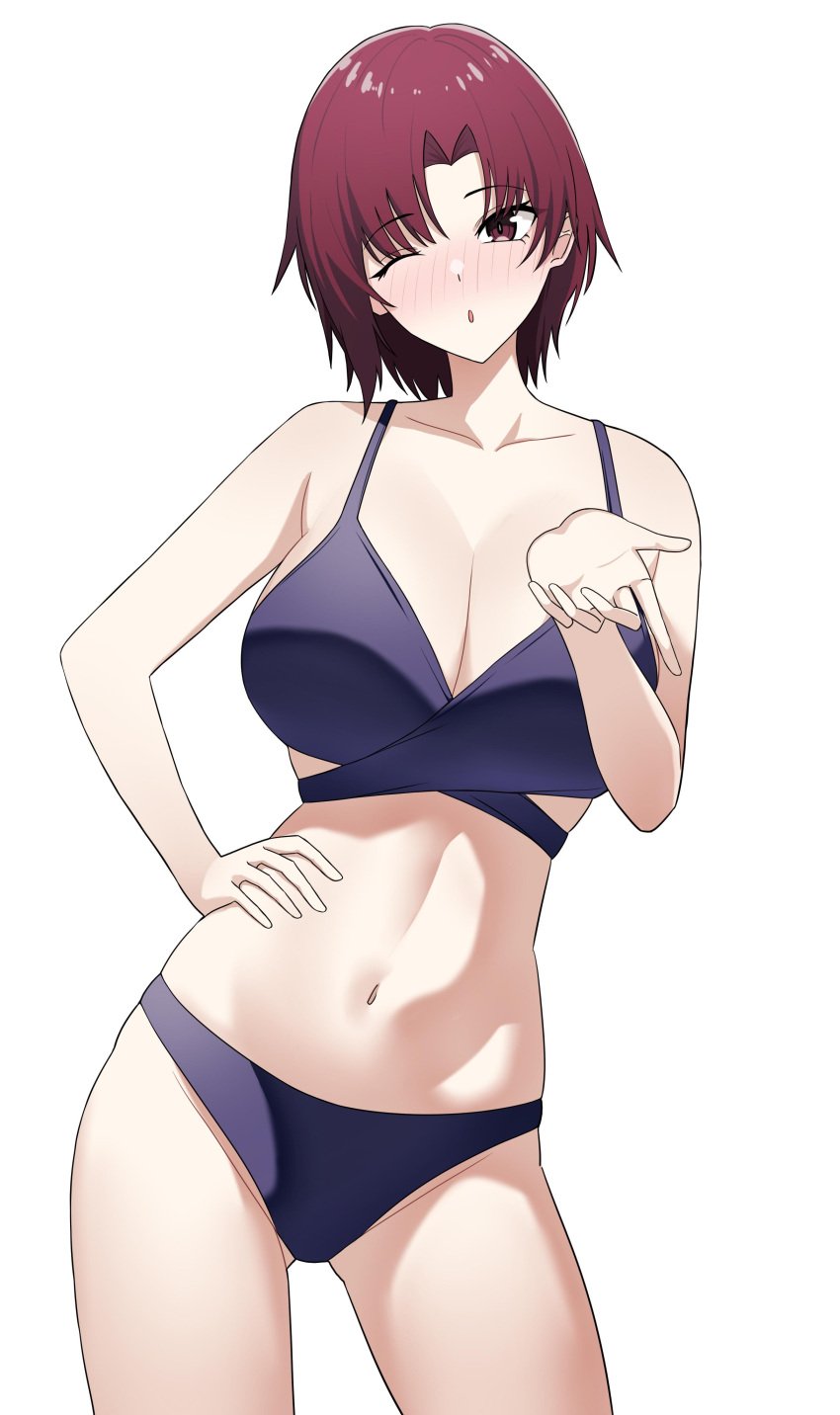 absurdres alexandernadeau bare_shoulders bazett_fraga_mcremitz bikini blowing_kiss blush breasts cleavage collarbone contrapposto fate/grand_order fate/hollow_ataraxia fate/stay_night fate_(series) female hand_on_own_hip highres large_breasts looking_at_viewer navel one_eye_closed purple_bikini purple_hair red_eyes short_hair solo swimsuit thighs