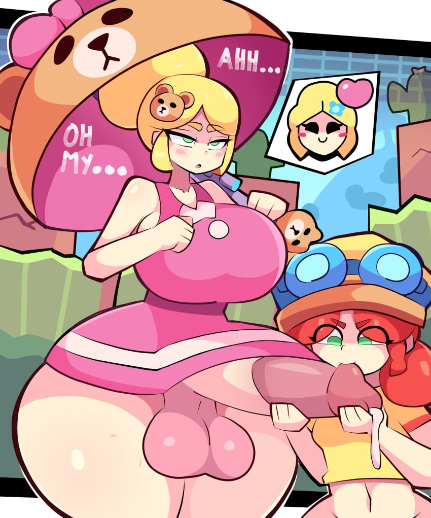 1futa 1girls about_to_burst about_to_cum balls big_breasts bottomless brawl_stars breasts clothed clothed_female clothing double_drownz edging erection female futa_on_female futanari horny_female huge_cock human jessie_(brawl_stars) light-skinned_futanari light_skin mostly_clothed penis pent_up piper_(brawl_stars) precum precum_drip smooth_balls smooth_penis standing thick_thighs wide_hips