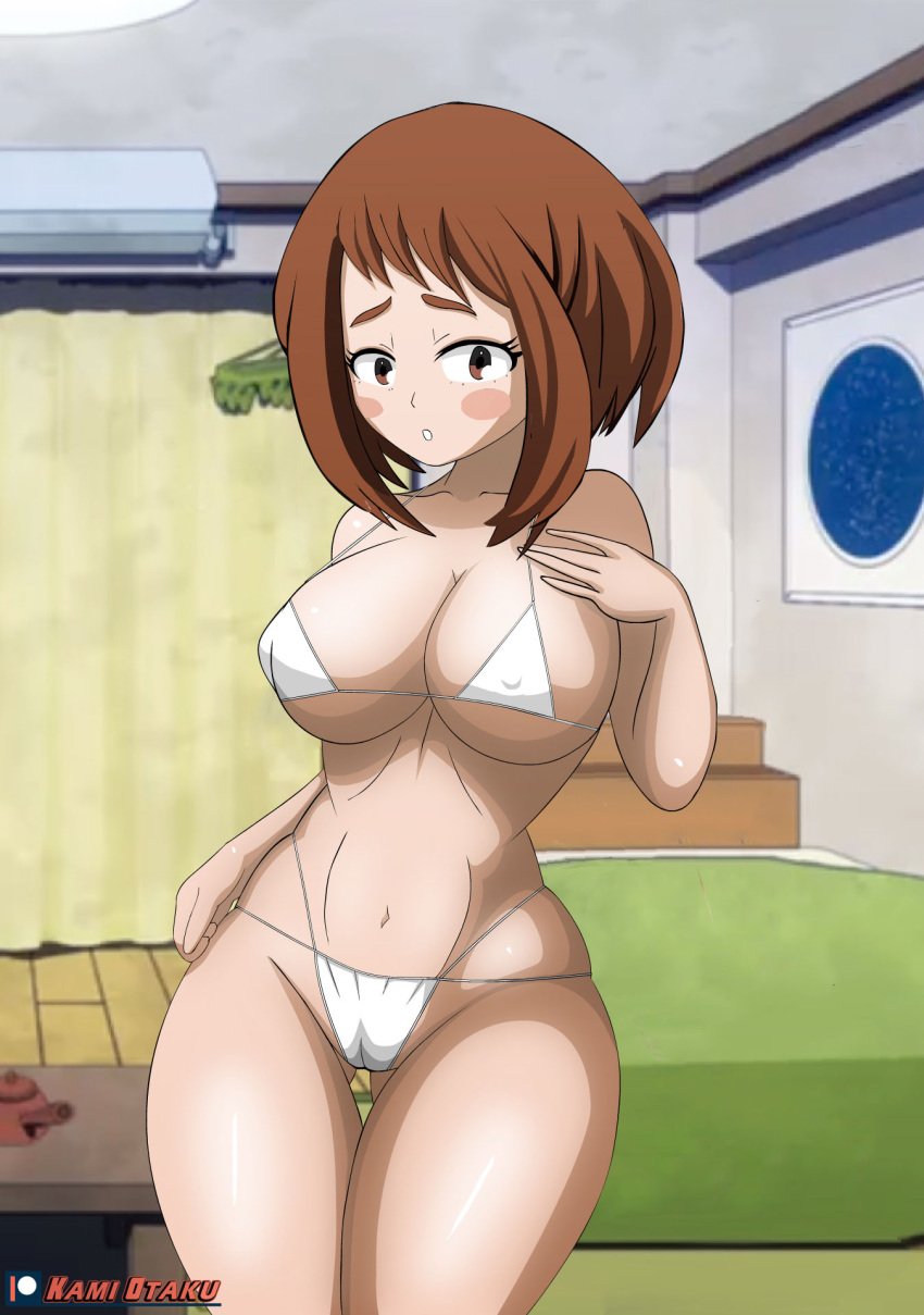 1girls ass_visible_through_thighs bikini bikini_bottom bikini_only bikini_top breasts brown_eyes brown_hair female female_only female_solo kami_otaku looking_at_viewer my_hero_academia ochako_uraraka short_hair solo solo_female solo_only white_bikini white_skin