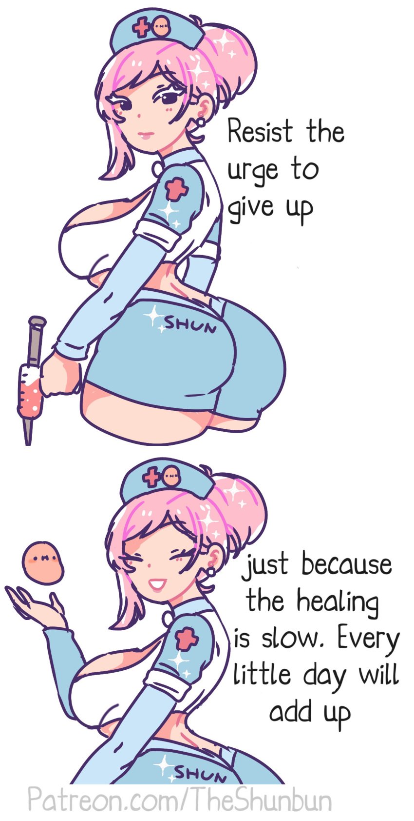 2020s 2023 ass_focus back_view big_ass big_breasts hair_bun looking_back_at_viewer motivational needle nurse nurse_cap nurse_uniform pink_hair potato smiling smiling_at_viewer sparkly_hair tato_(theshunbun) theshunbun white_background