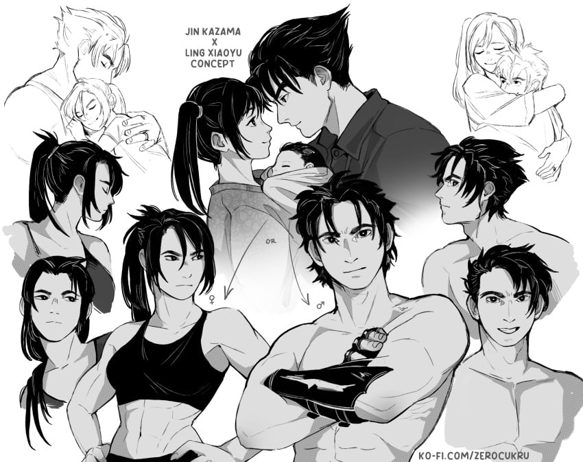 asian asian_female baby black_hair concept concept_art couple daughter family hug jin_kazama kazama_jin ling_xiaoyu looking_at_another love married_couple monochrome namco parent_and_child ponytail safe safe_for_work self_upload smile son tekken tekken_8 twintails wholesome zerocukru