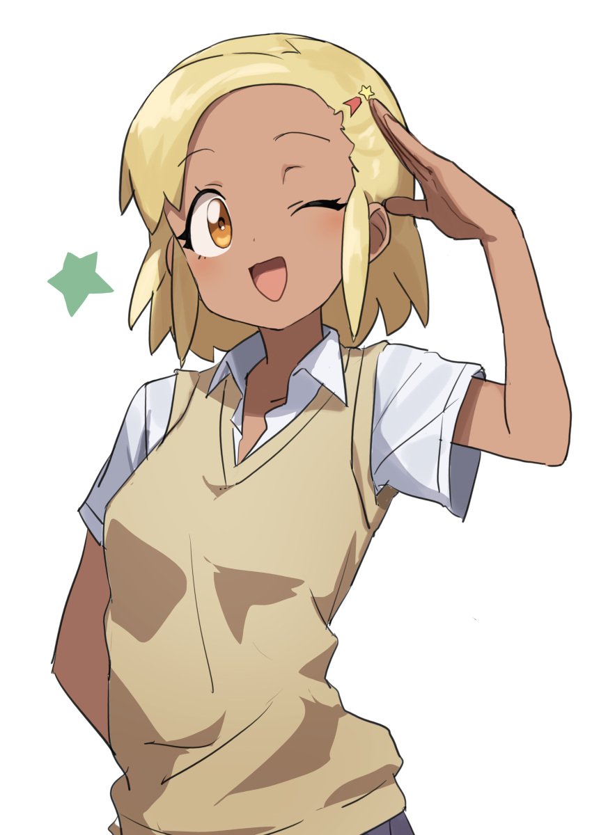 absurdres angol_mois blonde_hair brown_eyes dark-skinned_female dark_skin female gazacy_(dai) gyaru hair_ornament hairclip highres keroro_gunsou school_uniform sfw short_hair sweater_vest