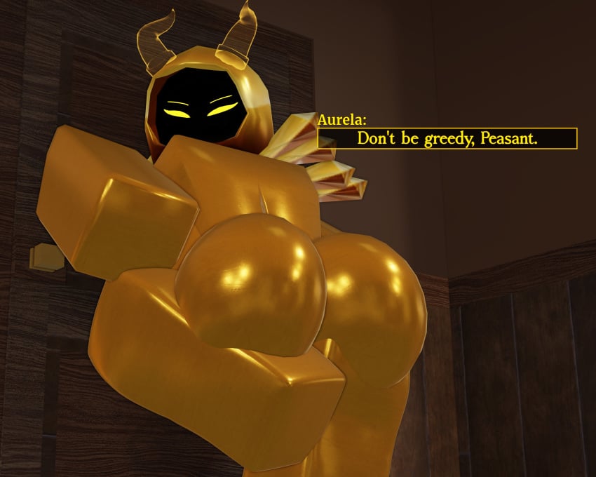 1girls 3d ass background big_ass breasts dominus english_text gold golden_body lampshaderr34 nude nude_female roblox robloxian text yellow_eyes