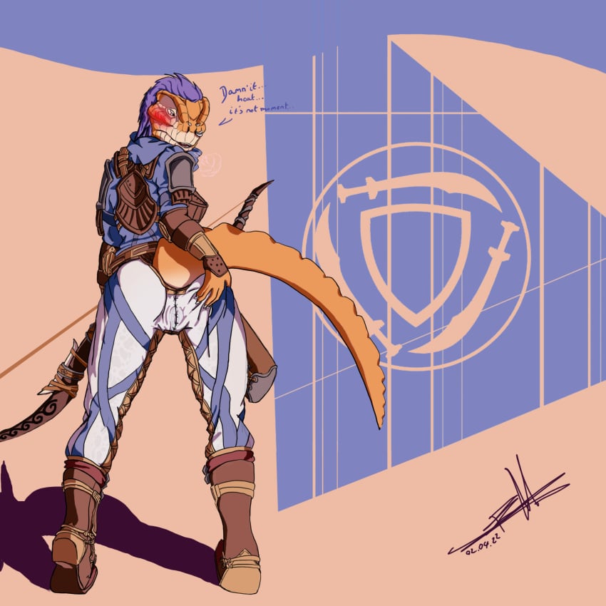 alikr anthro archer argonian ass bethesda_softworks blue_eyes bottomwear bow_(weapon) clothing desert female foxmelra genitals heat_(temperature) hi_res hotpants orange_body pants pussy ranged_weapon scalie shorts solo tail the_elder_scrolls the_elder_scrolls_online translucent video_games weapon