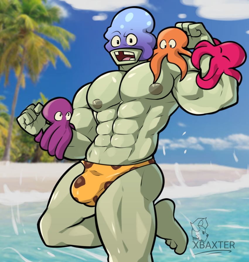 1boy abs ambiguous_gender baxter7020 beach bulge electronic_arts feet gay leg_up leopard_print_pants looking_at_another looking_at_viewer male male_only muscular muscular_male nipples nude nude_male octo_zombie_(pvz) octopus open_mouth plants_vs_zombies plants_vs_zombies_2:_it's_about_time sky solo solo_male speedo standing standing_on_one_leg teeth thighs underwear underwear_only water zombie zombie_(pvz)