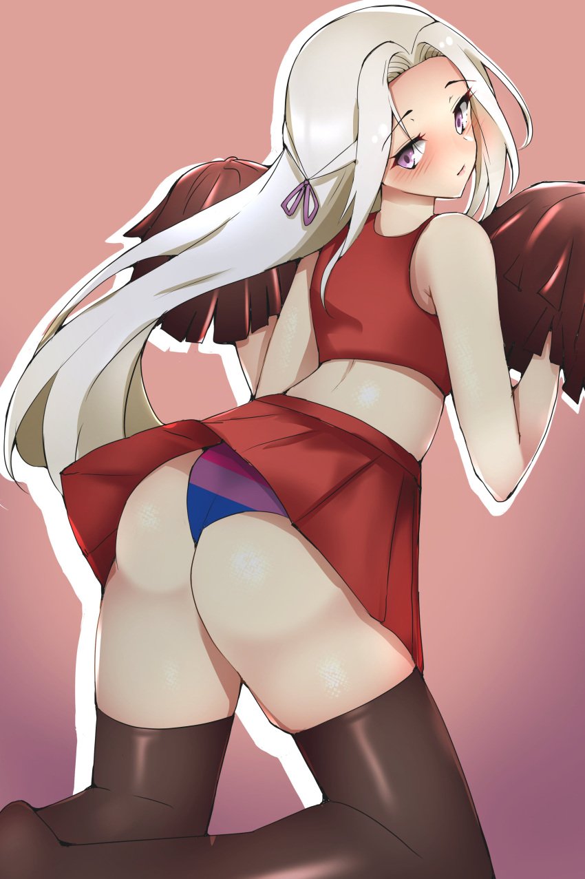 1340smile 1girls absurdres alternate_costume ass back_view big_ass bisexual bisexual_pride_colors blue_panties cheerleader edelgard_von_hresvelg female female_only fire_emblem fire_emblem:_three_houses highres kneeling long_hair looking_back midriff nintendo panties pantyshot pink_panties pom_pom_(cheerleading) purple_eyes purple_panties shirt skirt sleeveless solo striped_panties tank_top thighhighs underwear upskirt white_shirt