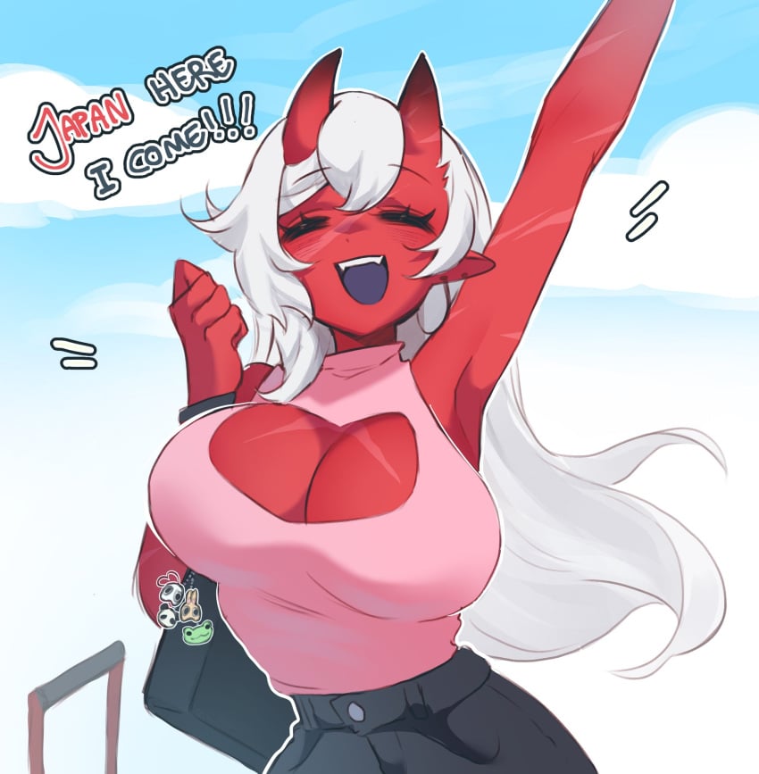 akumi big_breasts female horns oni oni_horns red_skin scars sfw virtual_youtuber vyugen white_hair yellow_eyes yoclesh