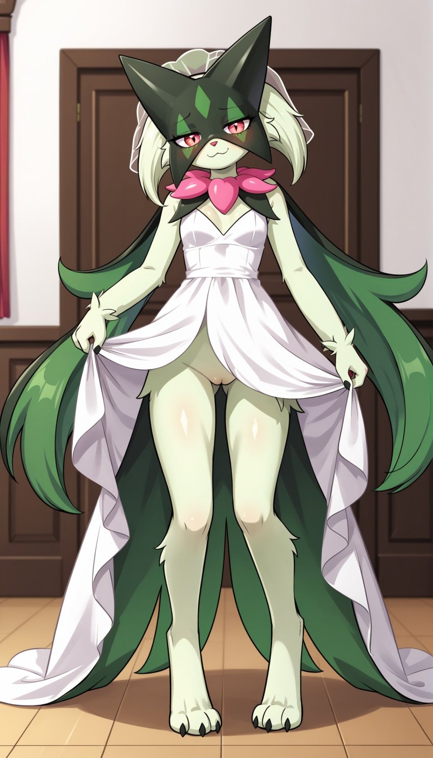 1girls 2024 ai_generated anthro blushing digitigrade dress_lift female female_only flashing flashing_pussy generation_9_pokemon green_fur hi_res indoors innie_pussy jpeg looking_at_viewer meowscarada nintendo no_panties pink_eyes pokémon_(species) pokemon pussy smile veil wedding_dress