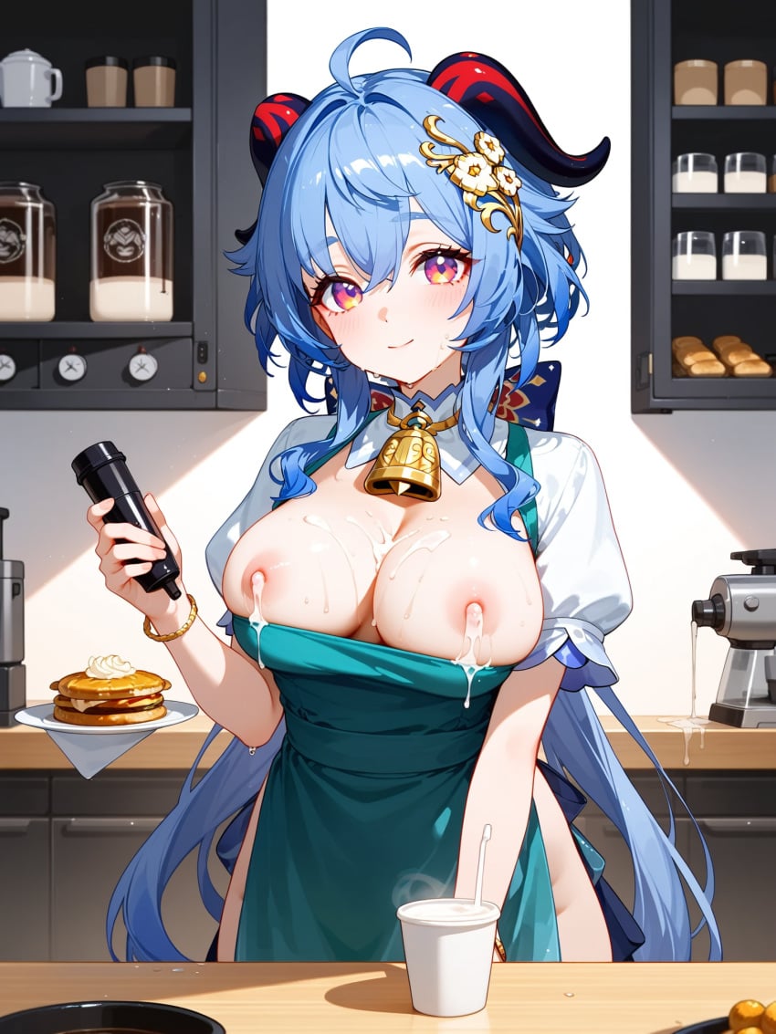 absurd_res ai_generated coffee coffee_cup ganyu_(genshin_impact) genshin_impact green_apron lactation milk milk_drip milking ministro