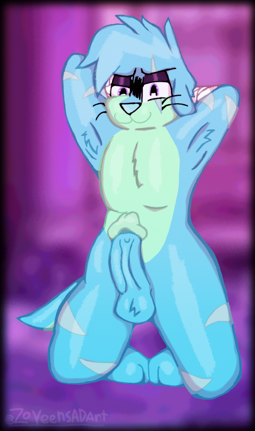 anthro blue_fur blue_genitals blue_hair fur green_fur male original_character otter purple_background purple_eyes scars scars_on_face solo solo_male zoyeensadart