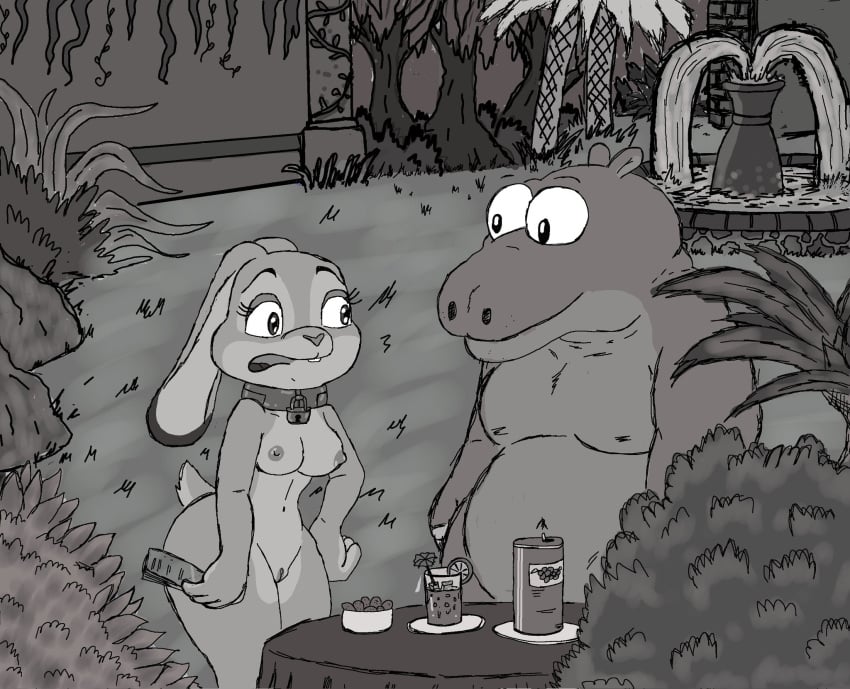 anthro ass belly beverage big_belly bowl breasts buckteeth common_hippopotamus container disney drink_umbrella duo female forced forced_exposure fountain furniture genitals hi_res hippopotamid judy_hopps lagomorph leporid lock male mammal mlinkina monochrome mystic_spring_oasis nipples nude nudist outside palm_tree plant pussy rabbit shrub story story_in_description table teeth thick_thighs tree zootopia