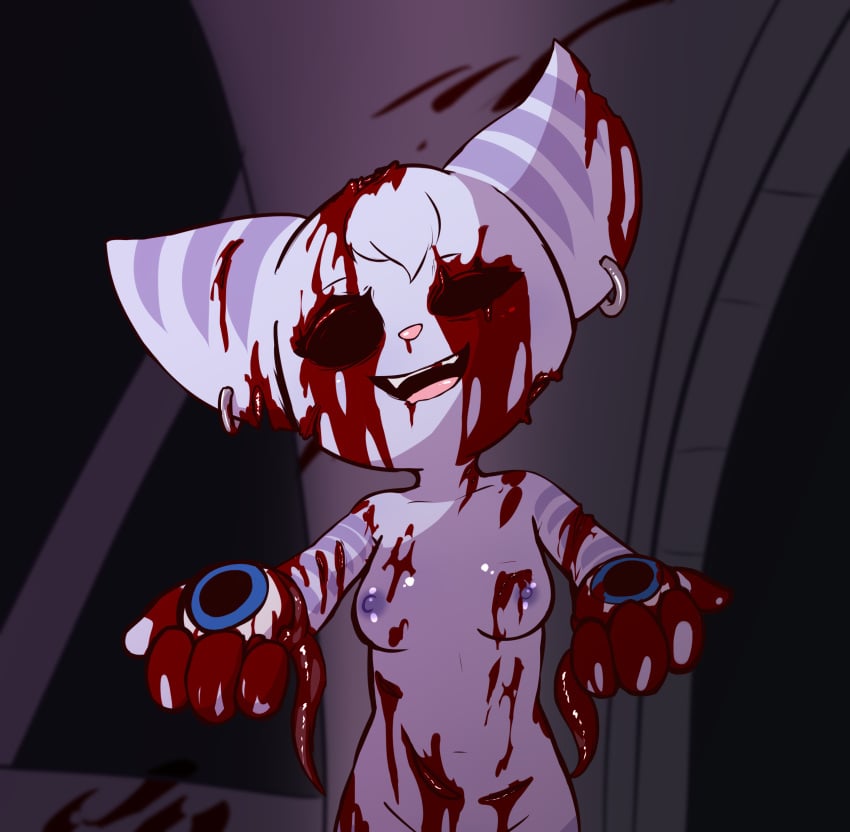 absurd_res anthro blood bodily_fluids breasts duo e254e empty_eye_sockets english_text event_horizon_(film) eye_socket eyeball eyeless female gore guts hi_res lombax mammal nipples nude organs parody ratchet_and_clank rivet_(ratchet_and_clank) ryona smile solo sony_corporation sony_interactive_entertainment stripes text wounded