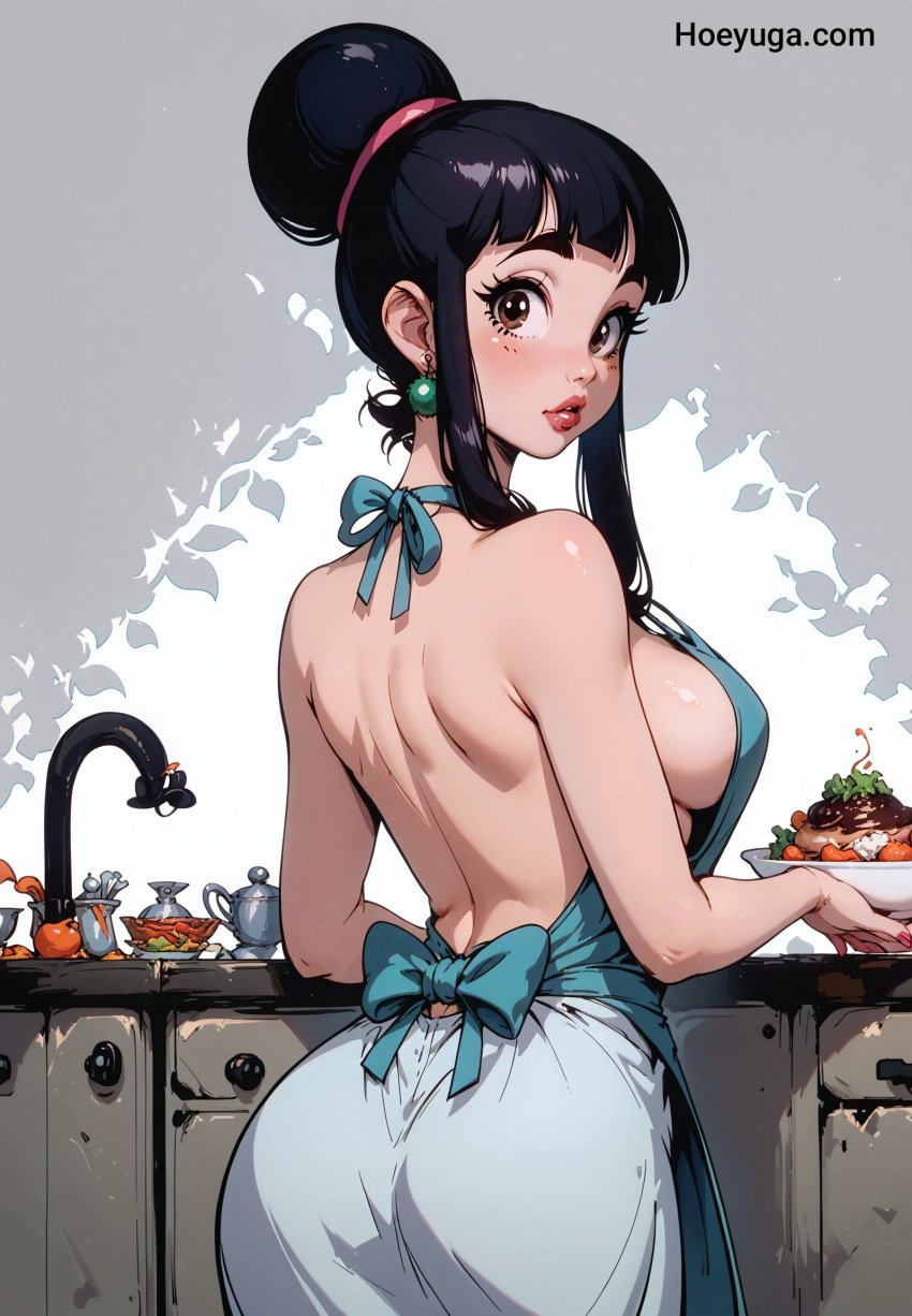 ai_generated anime asian_female ass big_breasts chichi dragon_ball dragon_ball_super dragon_ball_z food hoeyuga jorenran kitchen looking_at_viewer milf mother