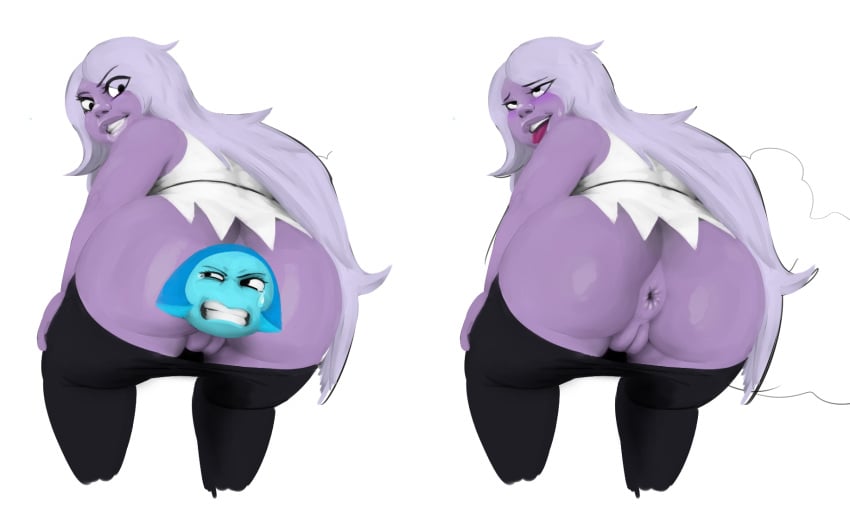 2girls absurd_res after_vore ahe_gao alien amethyst_(steven_universe) anal_vore anus aquamarine_(steven_universe) bbw crying_with_eyes_open dolphysoul fat_ass multiple_girls pants_down puffy_anus size_difference steven_universe unwilling_prey vore