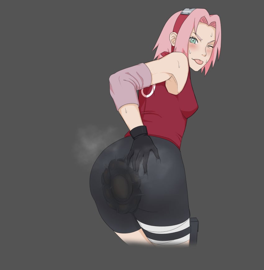 1girls alternate_version_available ass blush clothed gloves green_eyes hand_on_ass headband looking_at_viewer looking_back looking_back_at_viewer naruto naruto_(series) naruto_shippuden pink_hair r-18 sakura_haruno sakura_haruno(shippuden) scat shit shitting shitting_self short_hair shorts steam sweat sweating tongue tongue_out wink winking_at_viewer